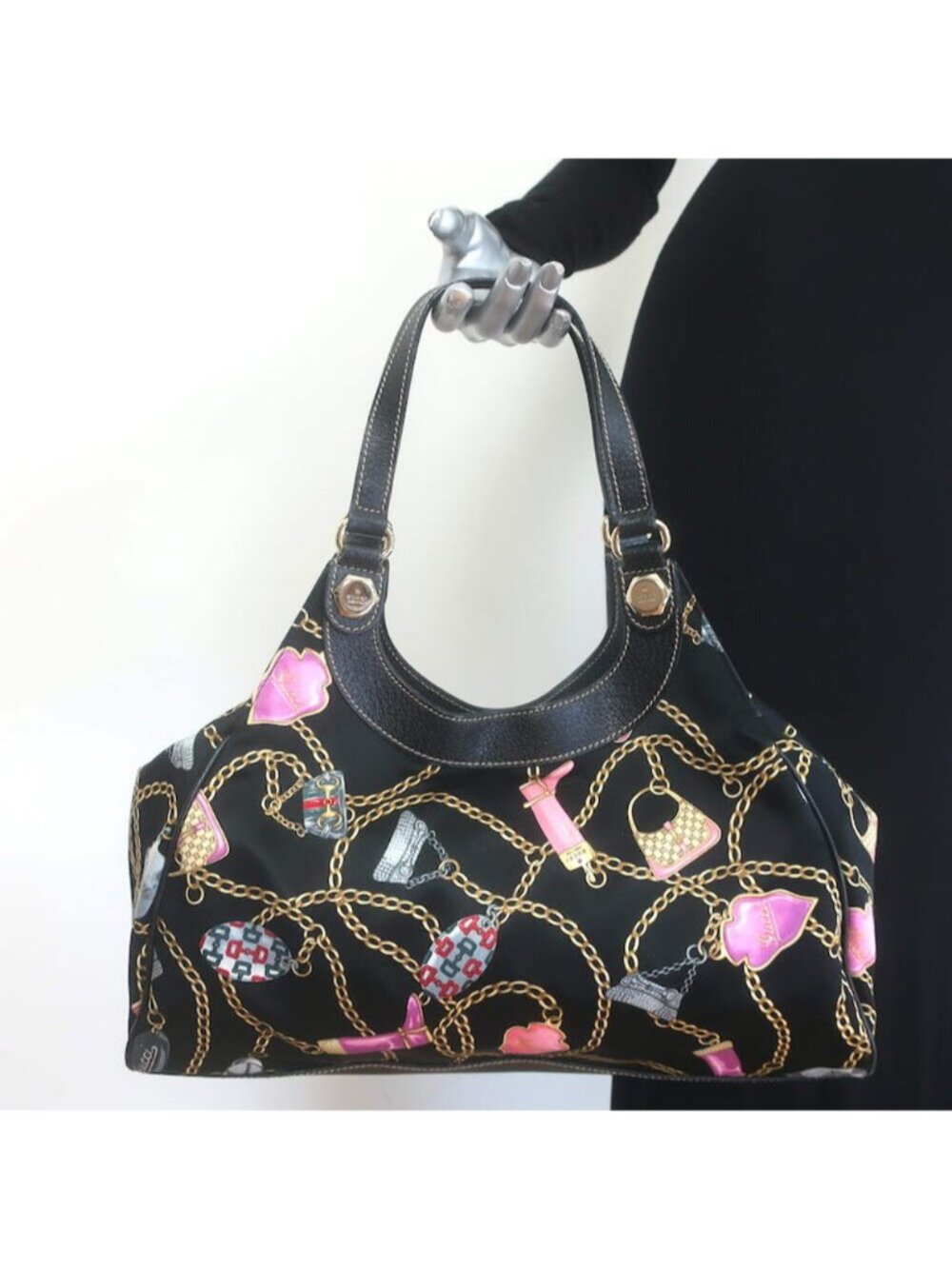 Gucci Charmy Medium Shoulder Bag Black Leather-Trim Chain Print Satin